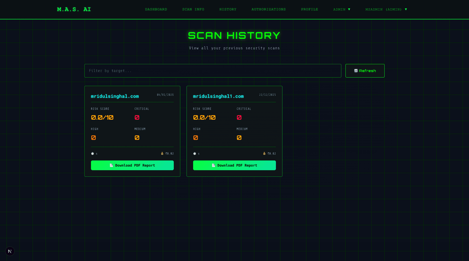 Scan History: Time-series view of all executed scans with status indicators, vulnerability counts, and quick actions (view report, re-scan, export). Supports filtering by date, target, severity.